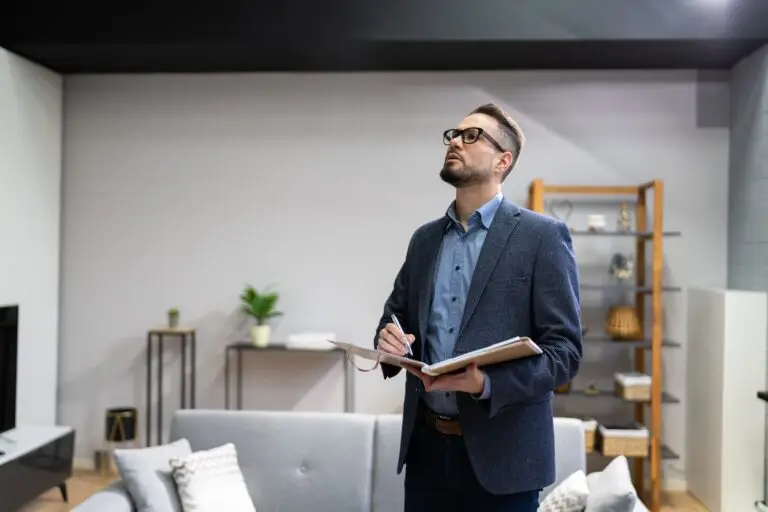 Agent immobilier prenant des notes dans un salon contemporain
