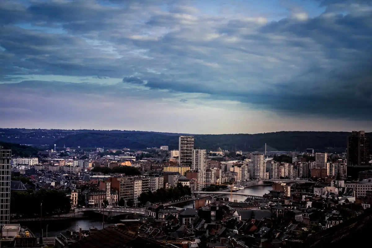 vue panoramique d'une ville belge à la tombée de la nuit