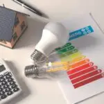 Modèle de maison avec ampoules et étiquette énergétique