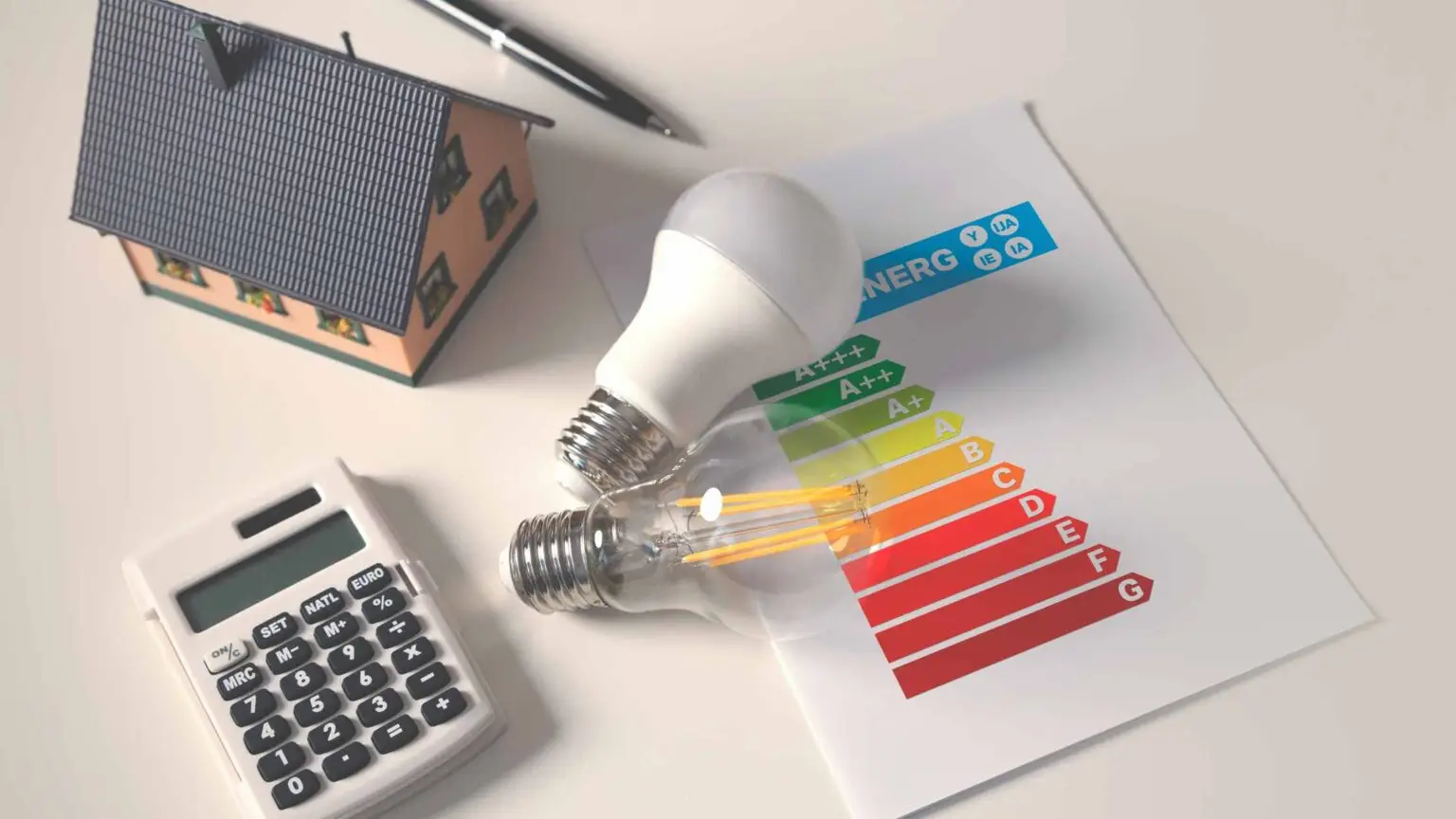 Modèle de maison avec ampoules et étiquette énergétique