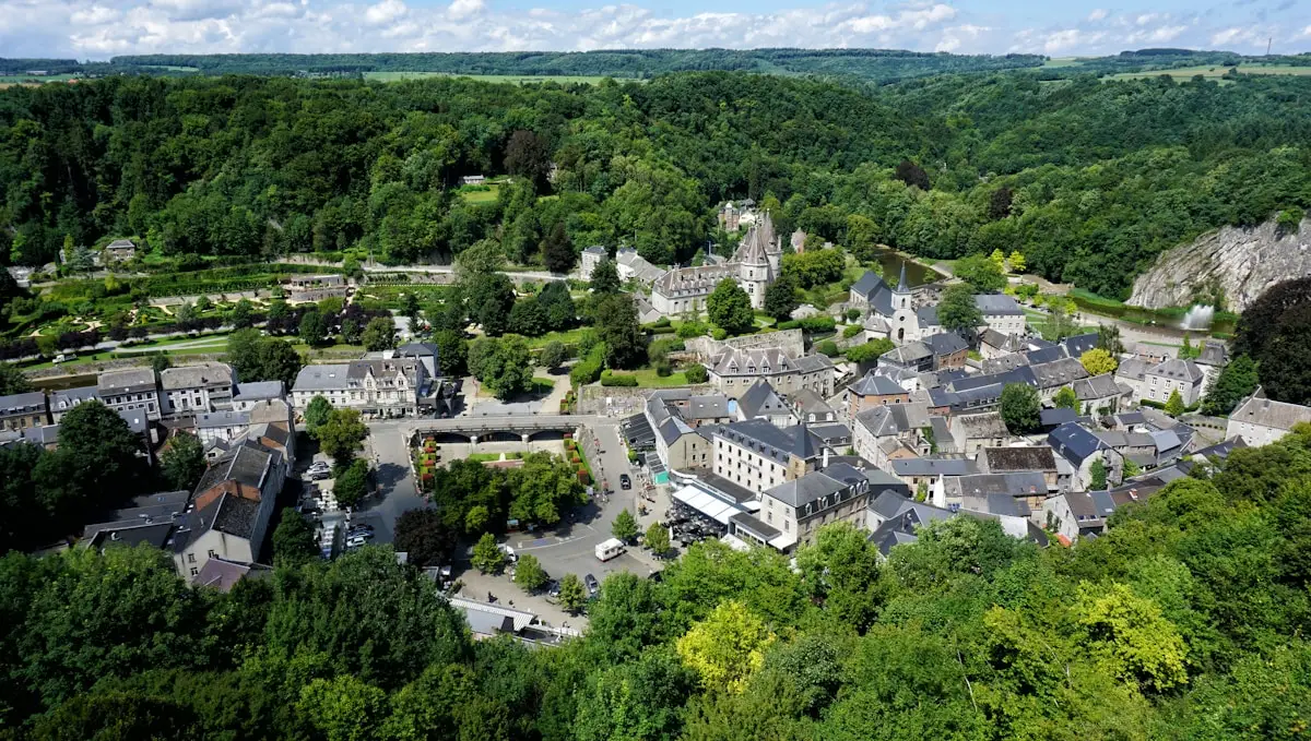 Vue aérienne d'un village entouré de verdure
